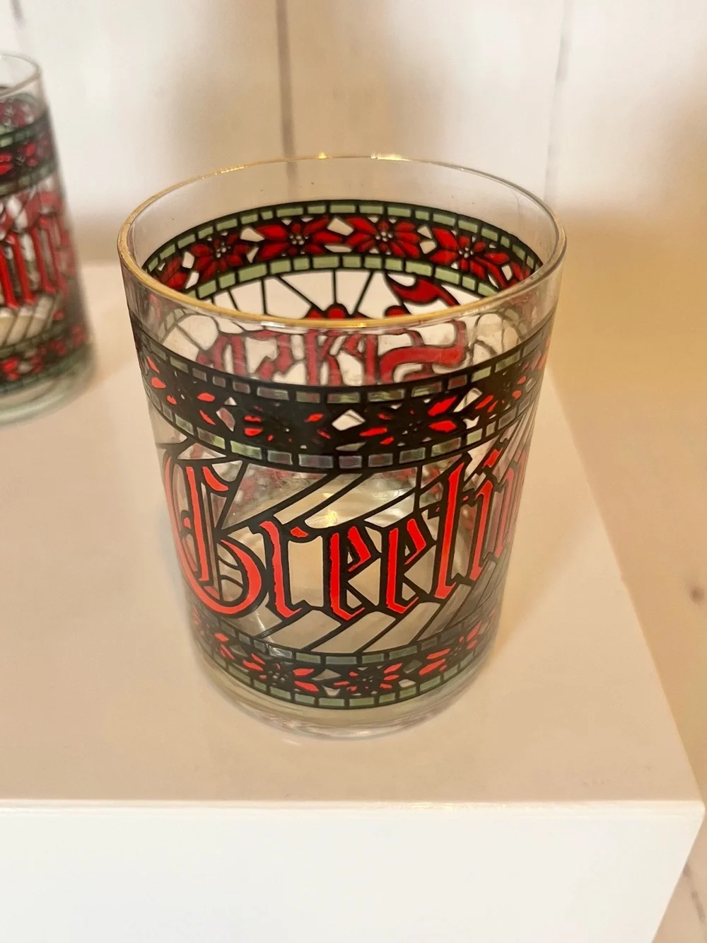 Vintage Houze Christmas Stained Glass Style Seasons Greetings Lowball Glasses
